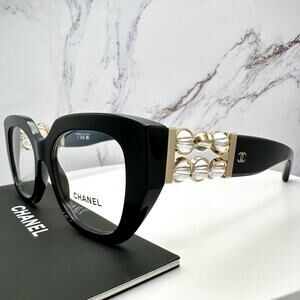 New CHANEL Eyeglasses Black Gold Cat Eye Clear Rotating Pearls 52mm